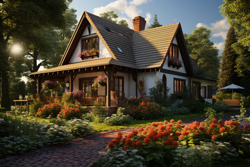 Fototapeta na wymiar 3d rendering of modern cozy house in chalet style.