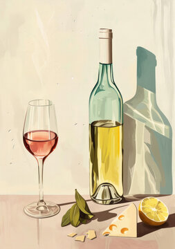 illustration of Wine and cheese arrangement with a bottle of wine, glass, and grapes