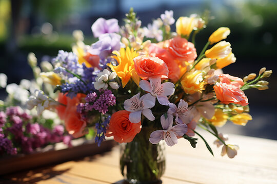 Colorful artificial flowers in a vase on the table, stock photo