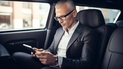 Successful Businessman in Stylish Suit Using Smartphone in Luxury Car. Urban Professional Lifestyle Concept