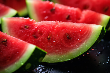 Close up of fresh watermelon slices on black background with water drops