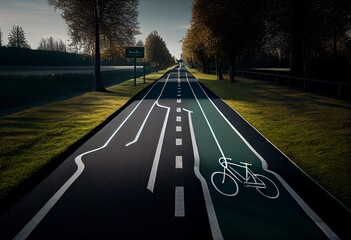 Bicycle path drawn on the asphalt road. Lanes for cyclists. Generative AI