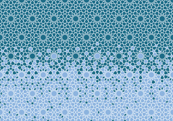 Arabic tile vector pattern in Green with geometric halftone texture with colorful arabesque disintegration, eps 10