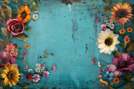 Beautiful flowers on blue vintage wooden plank background