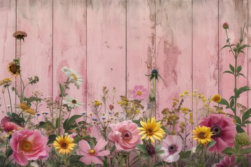 Beautiful flowers on pink vintage wooden plank background