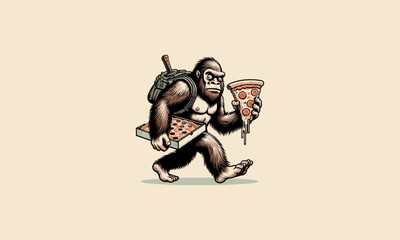 big monkey hold pizza vector illustration mascot design