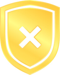 Obraz premium Realistic golden shield with X cross of false wrong bad incorrection disapproval concept clipart