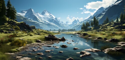 A serene lake surrounded by lush green mountains and a clear blue sky