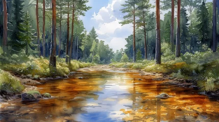 Gordijnen A beautiful forest landscape with a river as a digital illustration © senadesign