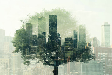 double exposure image of a tree and a city skyline.
