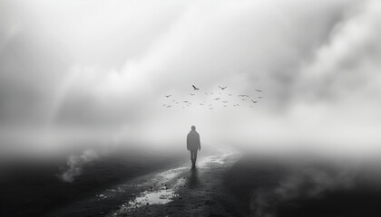man walking in path filled with fog and bird