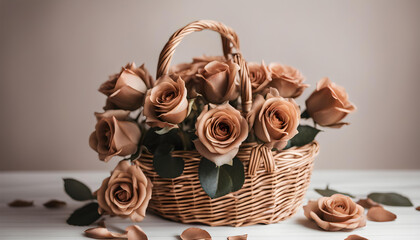 Beautiful brown roses in the wooden bucket