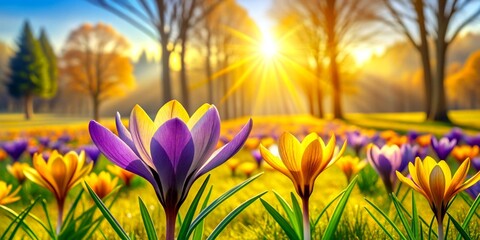 Beautiful spring background with close-up of blooming yellow and purple crocus. First flowers on a...