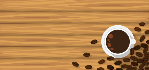 Hot Coffee Cups on The Wooden Floor, Top View Vector Illustration.