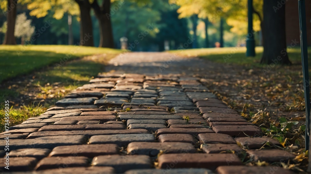 Poster bricks walkway through a park at summer from generative ai