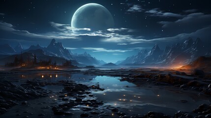 A serene obsidian black lake nestled amidst a barren desert landscape, with the night sky filled with an astonishing display of shooting stars