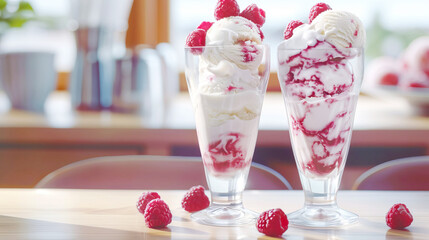 Two servings of vegan ice cream with raspberries in glasses.