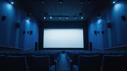 Fototapeta premium Empty cinema hall with blue hues and a white blank screen, awaiting the next showing, Ai Generated.