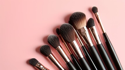 Professional makeup brushes neatly arranged on a table against a soft pink background, exuding elegance and style, Ai Generated.