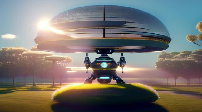 landing white UFO on the green land, generative Ai