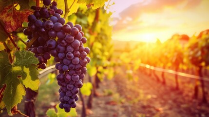 Ripe grapes bask in the sunset glow of a vineyard in Tuscany, Italy, Ai Generated. - obrazy, fototapety, plakaty