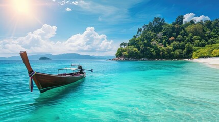 Fototapeta na wymiar A beautiful summer landscape showcases a tropical island with a boat in the ocean, Ai Generated.