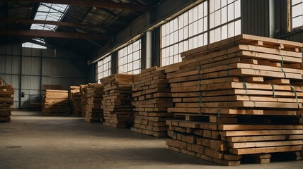 Stack of wooden planks in a warehouse from Generative AI