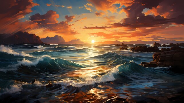 A serene sunset over a striking cobalt blue ocean, casting a warm golden glow on the water