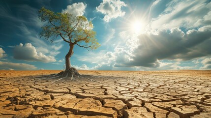 A desolate scene unfolds - dry cracked land, a dead tree echoes global warming, Ai Generated.