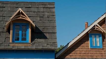 Fototapeta na wymiar Three dormer windows on blue house, with bright blue sky in background from Generative AI
