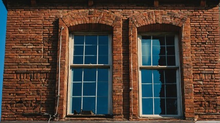 Fototapeta na wymiar Three dormer windows on brick house, with bright blue sky in background from Generative AI