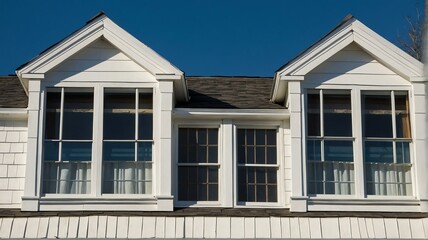Three dormer windows on white house, with bright blue sky in background from Generative AI