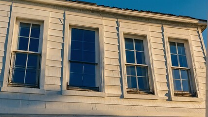 Fototapeta na wymiar Three dormer windows on white house, with bright blue sky in background from Generative AI