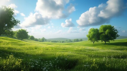 Expansive landscape with lush, grassy meadows. Serenity in nature's embrace, Ai Generated.