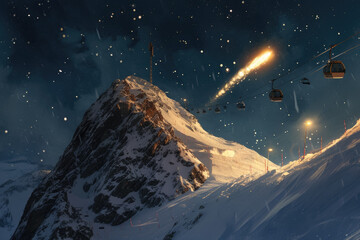 Naklejka premium comet passing over a mountain peak, with snow and a ski lift