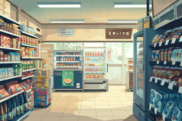 convenience store, with snacks and drinks. The background is a light yellow color