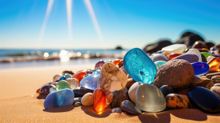 Assorted gemstones glisten atop sunny beach sands, creating vibrant allure. Ai Generated