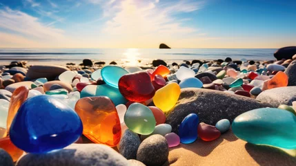 Keuken spatwand met foto Colorful gemstones scatter on sandy beach amid rocks under clear sky. Ai Generated © Crazy Juke