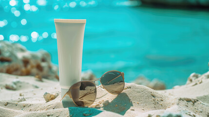 Summer scene sunscreen lotion rests on sandy beach beside stylish sunglasses. Ai Generated