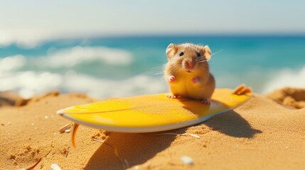 Fototapeta na wymiar A cute hamster surfer enjoys a fun-filled summer day at the beach, riding waves with enthusiasm, Ai Generated.