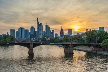 Frankfurt Germany, sunset city skyline at Main River and business skyscraper