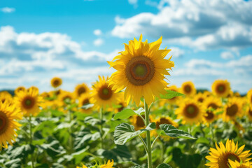 field of sunflowers, with a blue sky and white clouds in the background