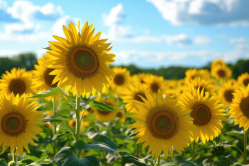 Fototapeta premium field of sunflowers, with a blue sky and white clouds in the background