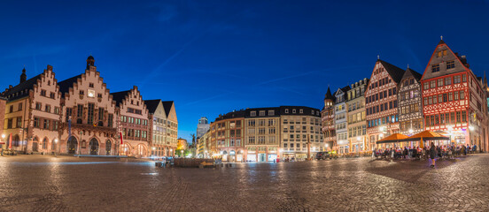 Frankfurt Germany, night panorama city skyline at Romer old town square - obrazy, fototapety, plakaty