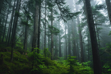 Fototapeta premium forest with a misty fog and tall trees
