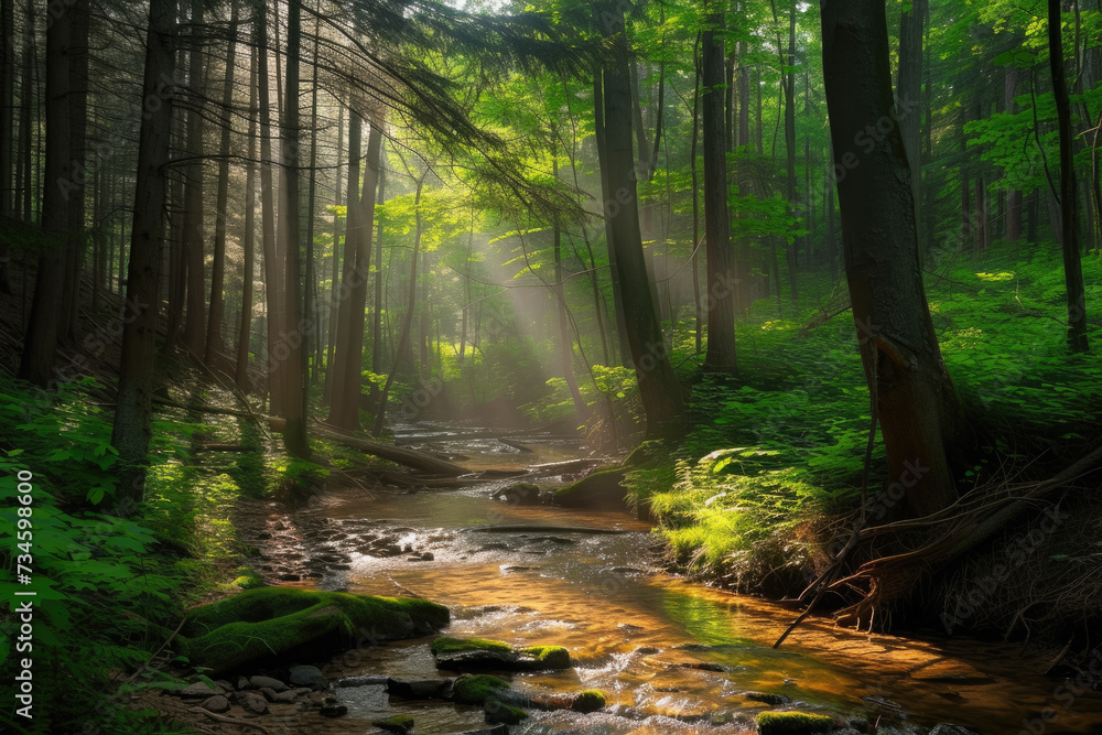 Poster forest with a stream running through it, with sunlight filtering through the trees