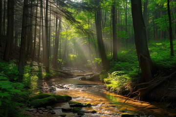 forest with a stream running through it, with sunlight filtering through the trees
