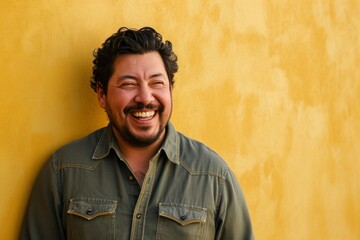 Portrait of a handsome man laughing against a yellow wall background. - obrazy, fototapety, plakaty