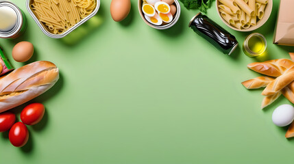 Food donation on green background with text space, caned food, eggs, fresh vegetable, pasta, oil, Food bank concept - obrazy, fototapety, plakaty