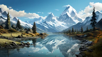 Tuinposter Reflectie A serene turquoise blue lake nestled amidst majestic snow-capped mountains, reflecting their grandeur in its glassy surface